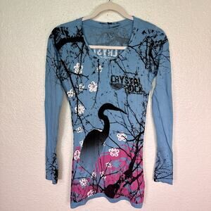 Christian Audigier Y2K Top Womens XS Crystal Rock Crane Blossom Tunic Shirt NEW